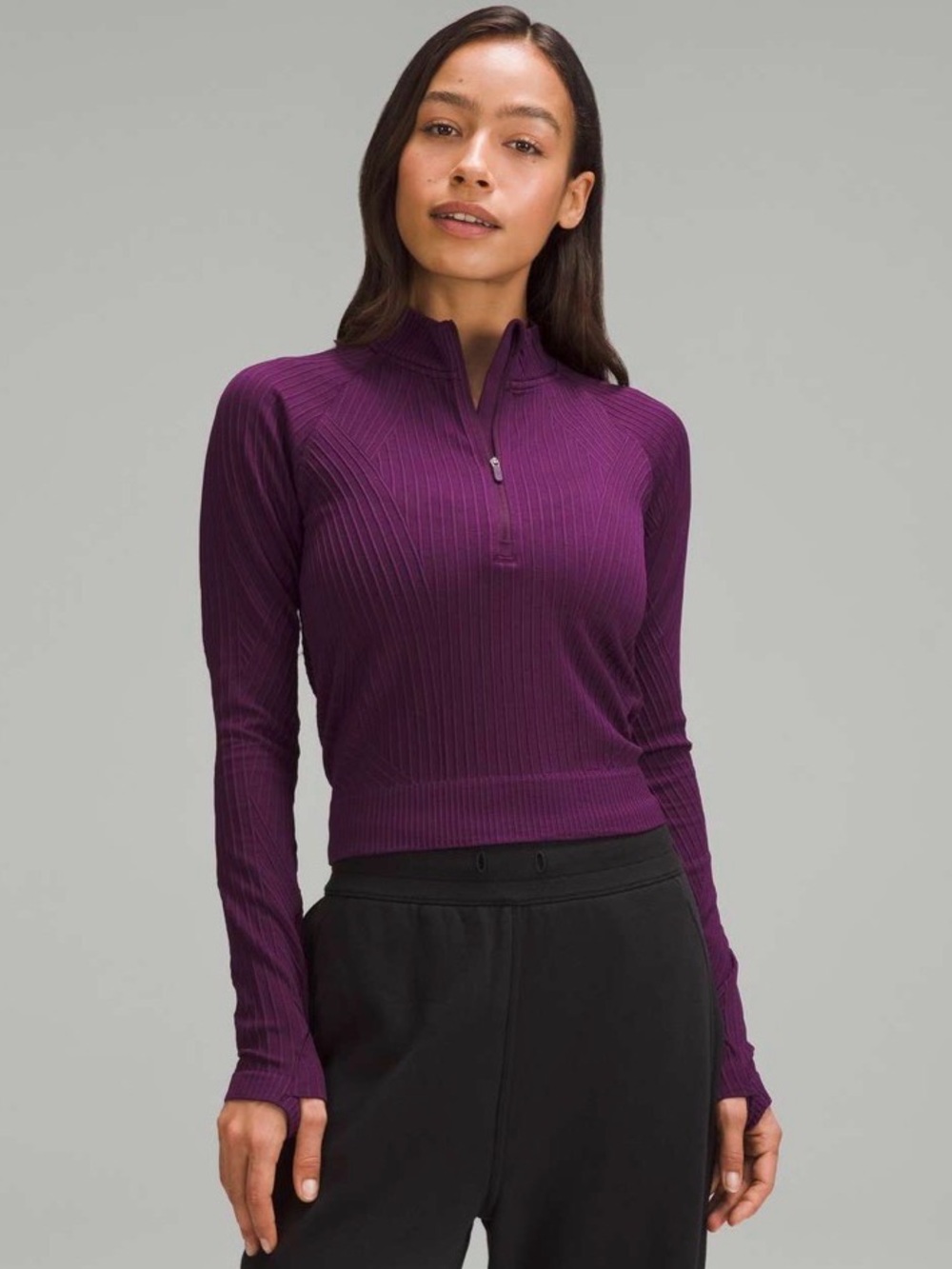 Lululemon ladies Restless Cropped Half-Zip Magenta/Purple Ribbed Pullover VGUC!